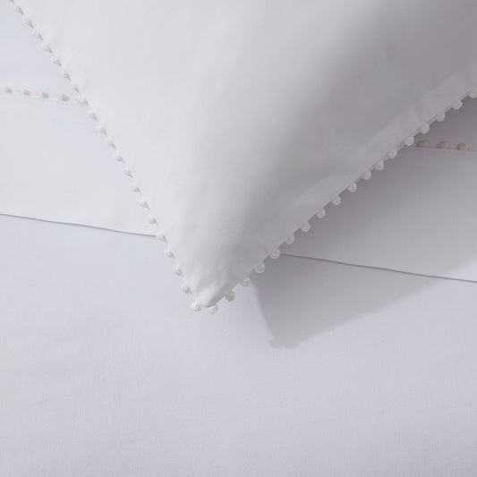 Girona Pom Pom Pillowcase and Flat Sheet Bundle - White