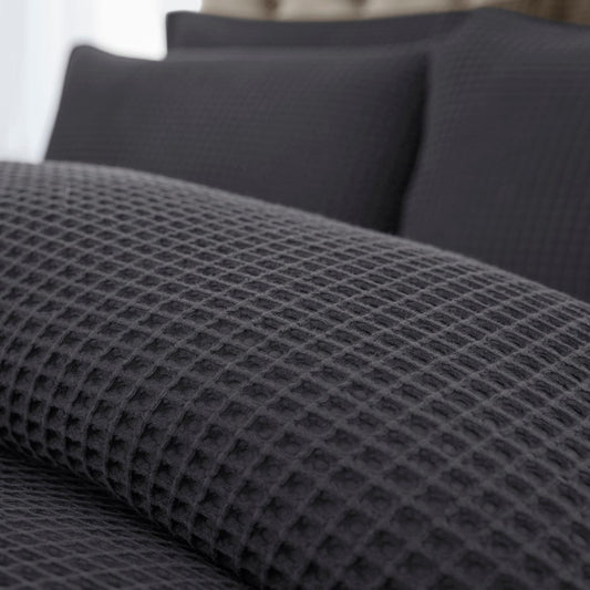 Portofino Pair of 100% Cotton Waffle Pillowcases - Charcoal